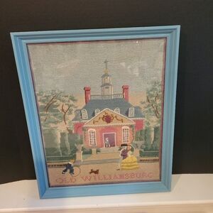 Vintage Framed Needlework "Old Williamsburg" Blue Frame